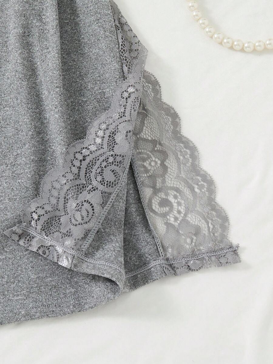 2pcs Lace Patchwork, Bow Decor, Romantic Side Slit Camisole Nightgown ,Vacation