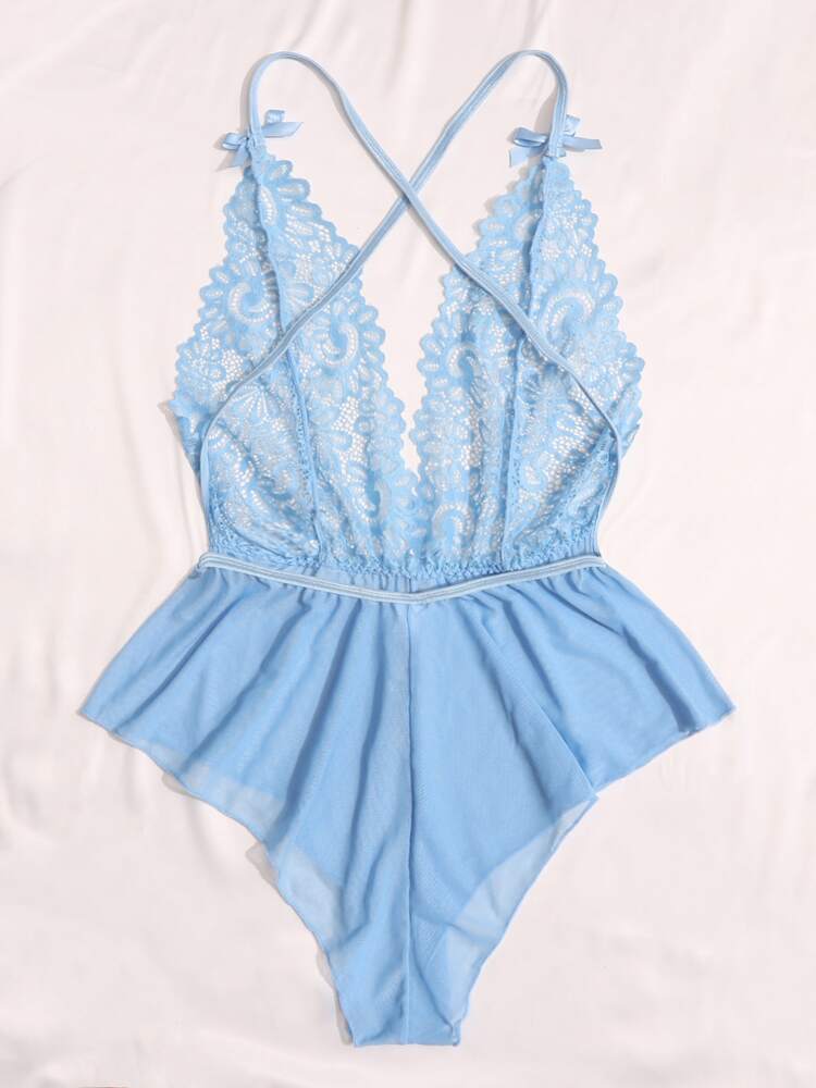 Classic Sexy Contrast Lace Sheer Mesh Backless Cross Teddy Bodysuit Lingerie
