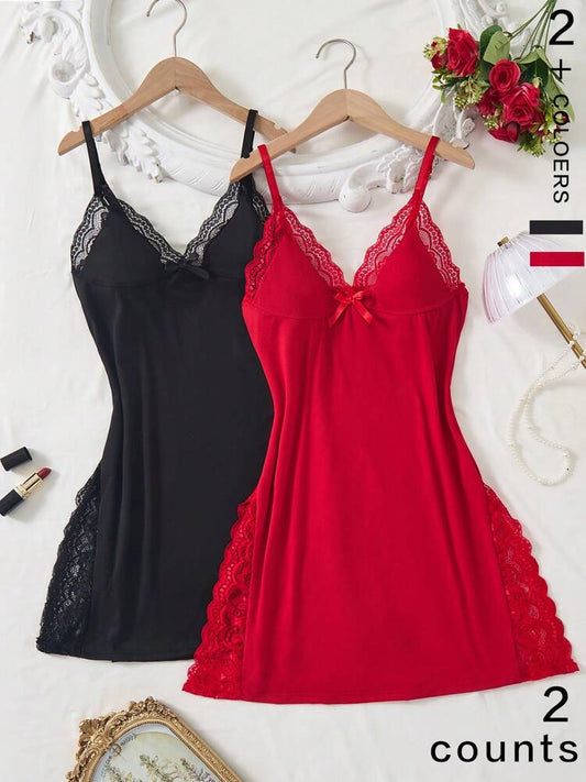 2pcs Lace Patchwork, Bow Decor, Romantic Side Slit Camisole Nightgown ,Vacation