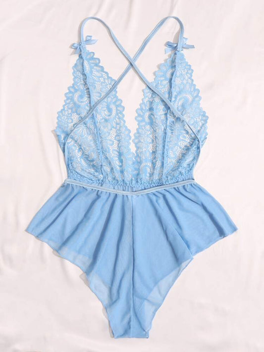 Classic Sexy Contrast Lace Sheer Mesh Backless Cross Teddy Bodysuit Lingerie